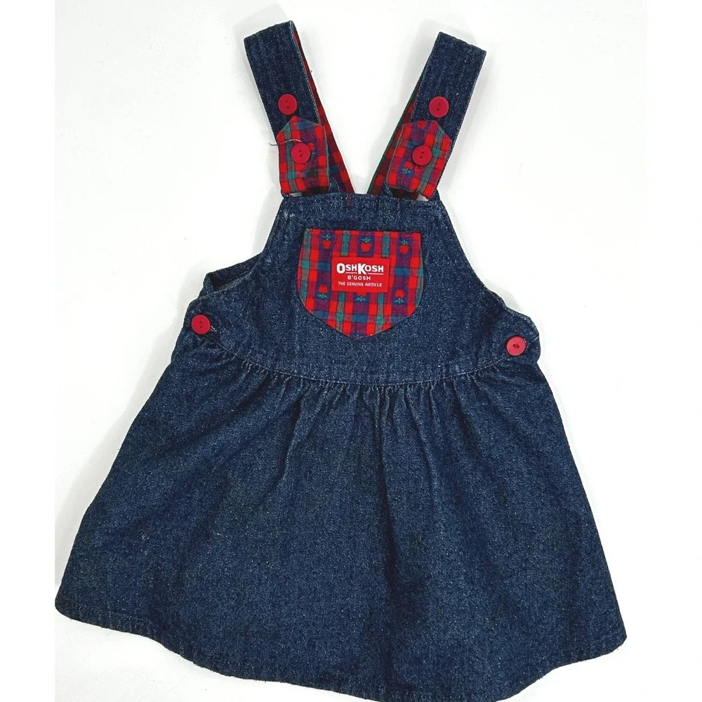 OshKosh Bgosh Vintage Girls 24M Denim Pinafore Dress Plaid Trim Made in USA Blue